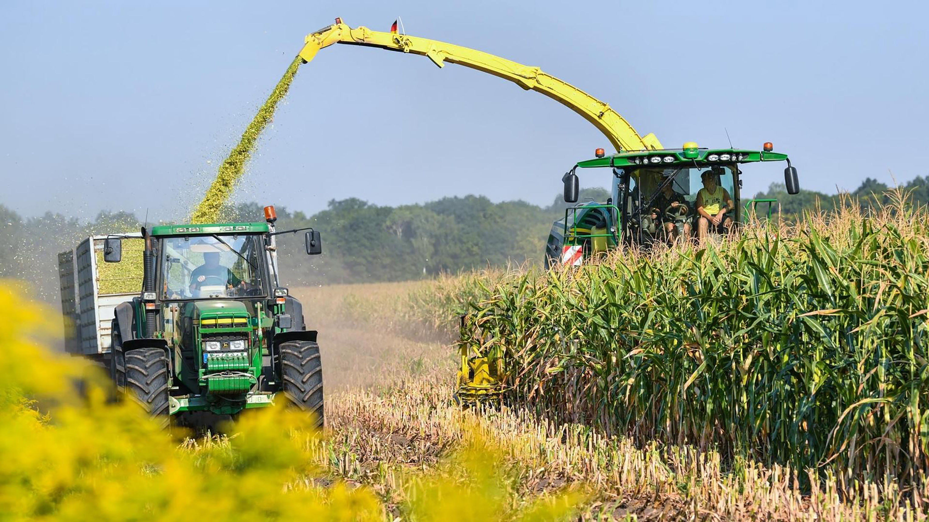 Landwirtschaft Bauern Landwirte Ernte Mais Traktor Schlepper Achker